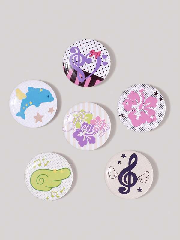 ROMWE Kawaii 6pcs Anime Badges With Flower, Wings, Music Notes, Polka Dots, And Stars Design