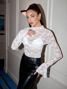 Lavishia Women's Elegant Sexy Lace Bell Sleeve Blouse, Autumn Fall Winter Clothes See Through Top White Sheer Top Christmas Top Elegant Top For Party Sexy,Sexy Tops - White - View 5