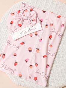 SHEIN 2 件套新生儿女孩襁褓包，带配套蝴蝶结帽子，草莓印花婴儿襁褓毯，婴儿摄影道具 - 彩色 - 查看 4