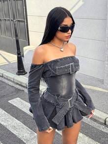 Jeanoix Y2K 女式性感露肩修腰长袖牛仔连衣裙 - 黑色 - 查看 5