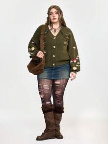 ROMWE Áo khoác cardigan thêu hoa nấm nhiều màu Mori Kei Fairycore cỡ lớn, Áo len cardigan dệt kim cỡ lớn cho nữ mùa thu/đông, Áo len dài tay cỡ lớn - Màu xanh lá cây đậm - Xem 3