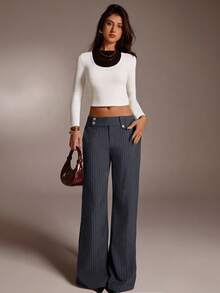 SHEIN Forever 21 女士休闲条纹印花低腰宽松喇叭裤，适合上班和通勤 - 深灰色 - 查看 6