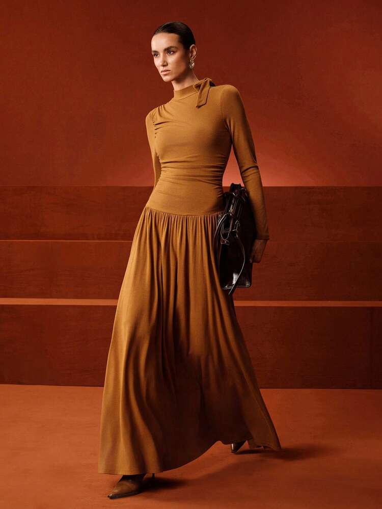 Women's Autumn/Winter New Knitted Long Sleeve Off-Shoulder Long Pleated Elegant Dress, Flared A-Line Skirt, Grey