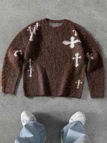 Manfinity EMRG Men's Casual Cross Pattern Crew Neck Fleece Knit Sweater, Autumn/Winter, Long Sleeve Top - Coffee Brown - View 7