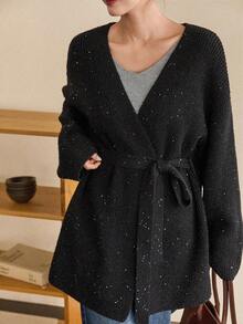 Dazy-Less 女士优雅开襟羊毛衫，休闲商务风，收腰设计，适合秋冬季节穿着，亮片装饰 - 黑色 - 查看 1