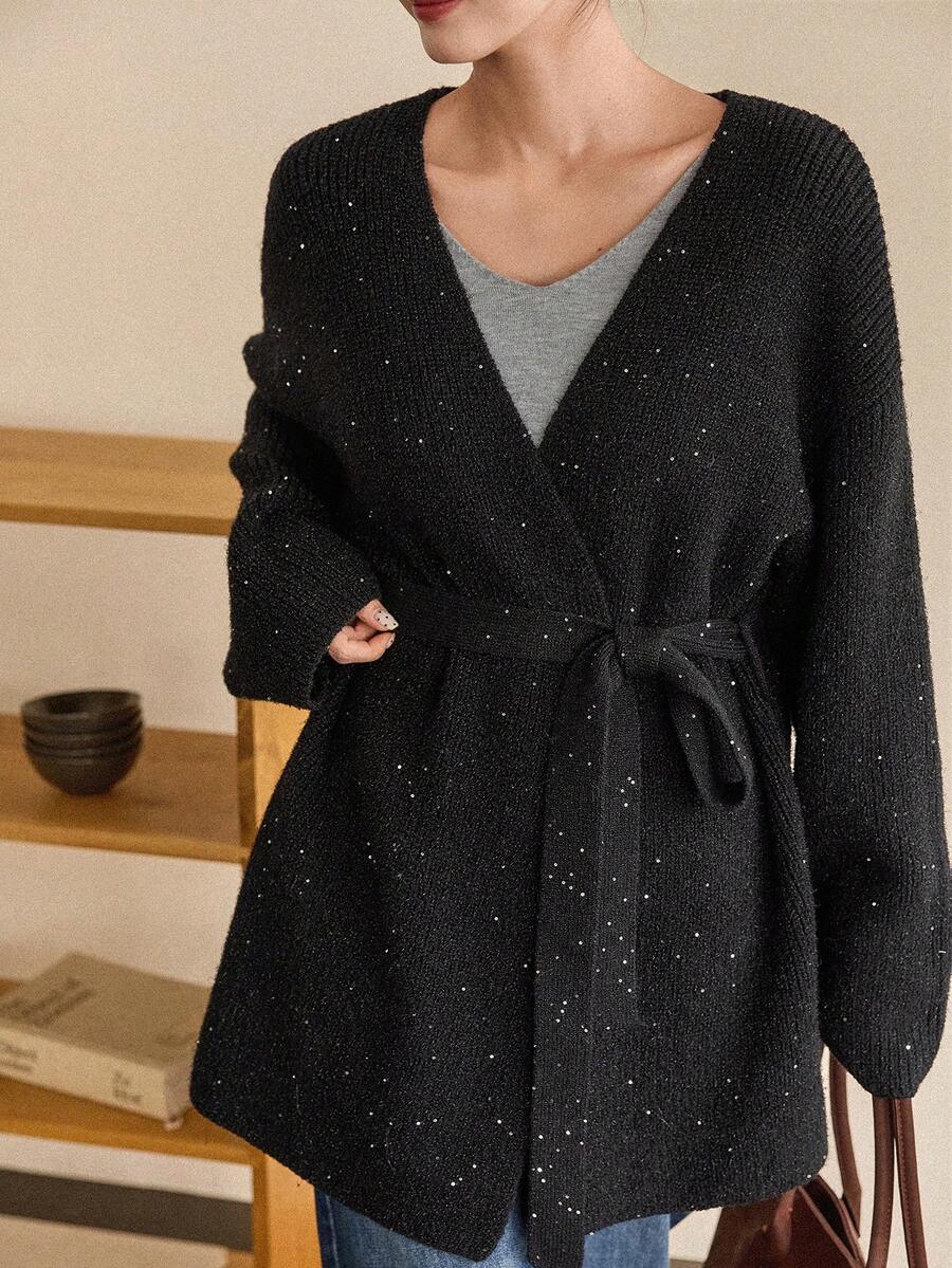 Dazy-Less 女士优雅开襟羊毛衫，休闲商务风，收腰设计，适合秋冬季节穿着，亮片装饰 - 黑色 - 查看 1