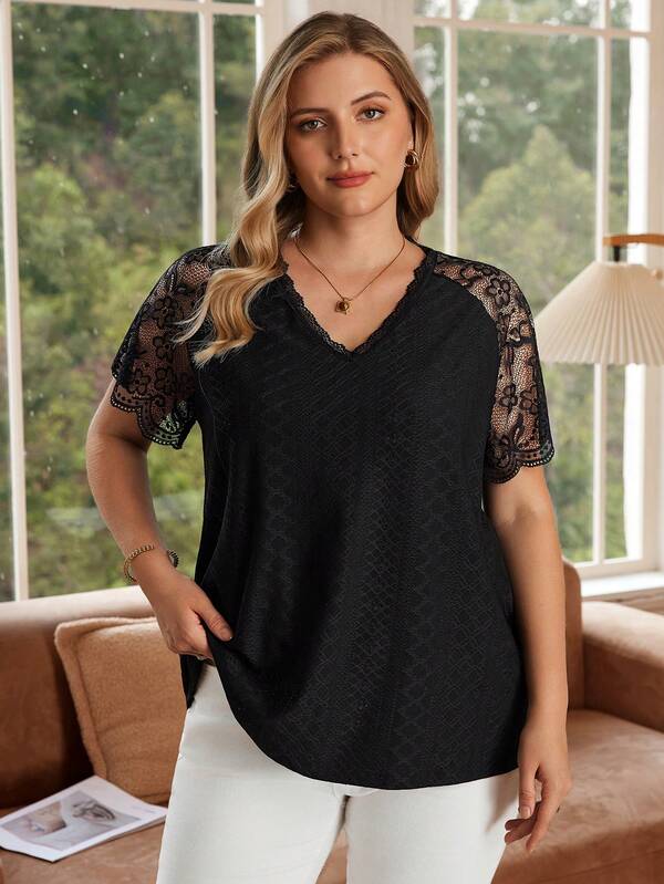 EMERY ROSE Camiseta de manga raglán de talla grande con parches de encaje de unicolor