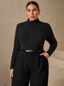 Chikora Áo thun dài tay ấm áp, màu trơn, thường ngày cỡ lớn - màu đen - Xem 4