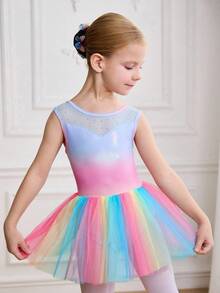 Sleeveless Ombre Tulle Ballet Dress For Girls, Leotard Dance Costume With Rhinestone Decor