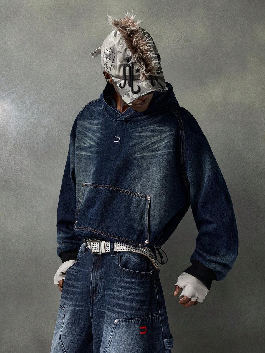 NEON BLANC Men's Raglan Sleeve Pocket Design Casual Loose Fit Hooded Denim Sweatshirt