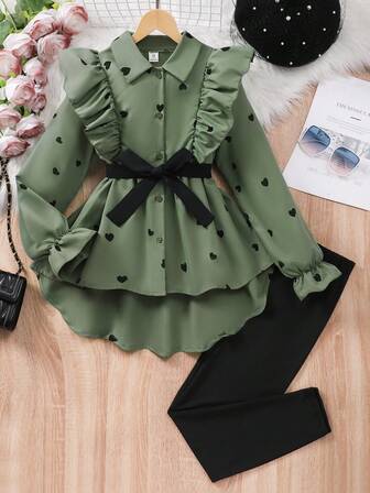 SHEIN Tween Girl Heart Print Long Sleeve Shirt Dress With Belt And Leggings Set