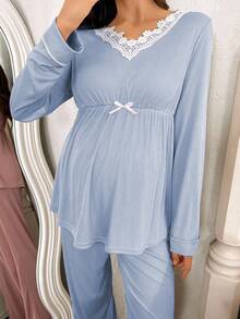 Moonlight&Mama 2件套孕妇撞色刺绣饰边V领弹力腰休闲长袖上衣和裤子睡衣套装，冬季 - 藍色 - 查看 6