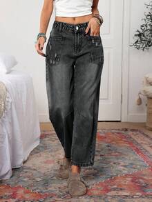 SHEIN PETITE Quần Jeans Nữ Dáng Rộng Thường Ngày Có Túi - Xám - Xem 4