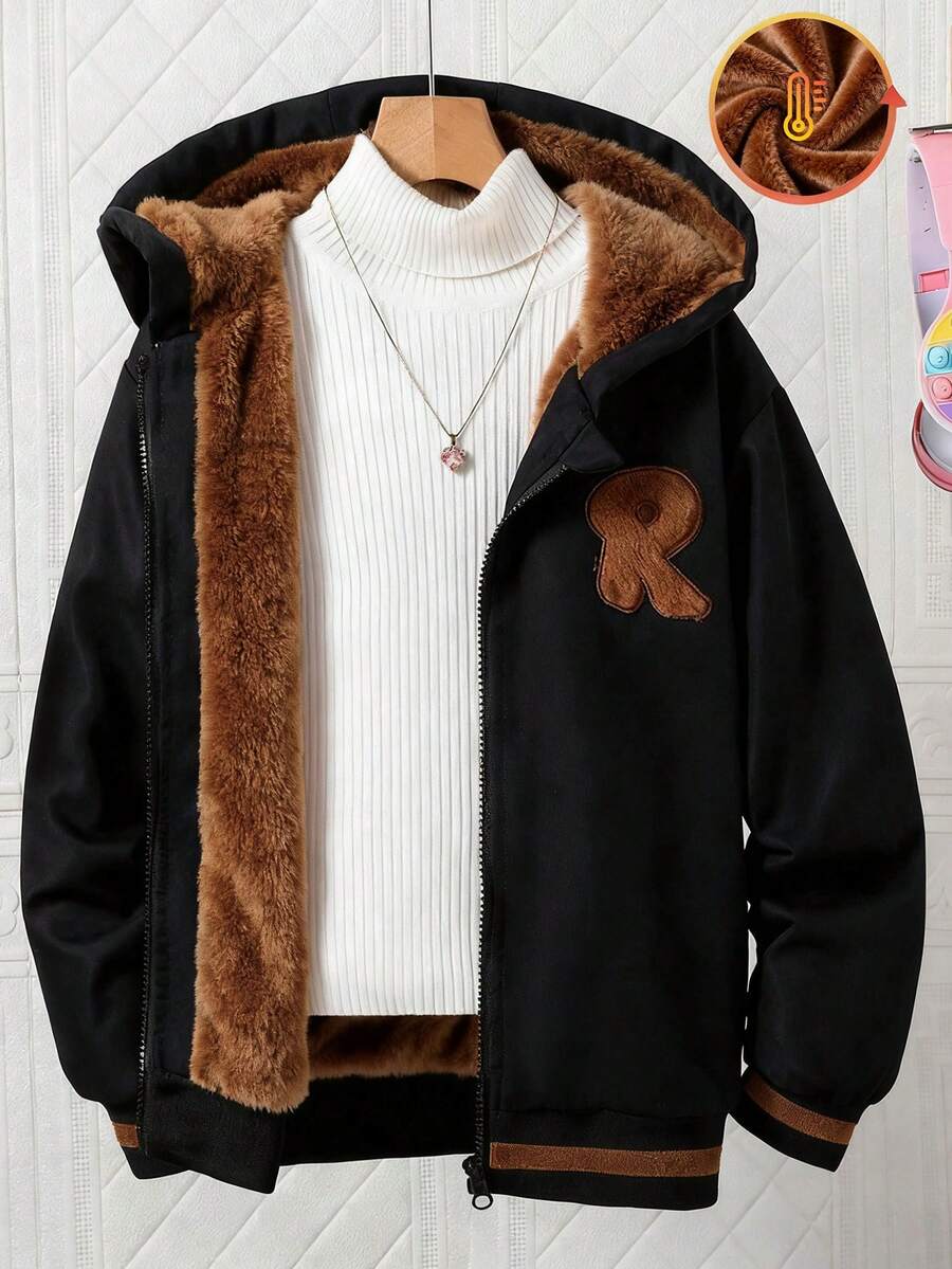 Girls' Solid Color Zip-Up Jacket With Thermal Lining And Embroidered Decor, Comfortable And Versatile Autumn/Winter Outerwear - Brown - View 1