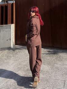 Bearsaez Bộ 2 món áo sơ mi và quần màu trơn mặc thường ngày và công sở cho nữ - màu nâu - Xem 6