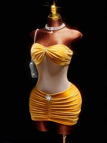 Amplova Women's Mustard Yellow Velvet Mini Skirt,Y2K 70s &Avant-Garde Ruched Waist,Suitable For Summer Party,Christmas,Gala,New Year&Thanksgiving - Champagne - View 11