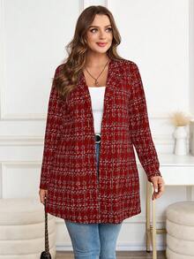 SHEIN Clasi Plus Size Lapel Shoulder Long Sleeve Elegant Plaid Fashion Versatile Jacket - Burgundy - View 3