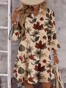 EMERY ROSE 秋季大码休闲树叶印花缺口领喇叭袖连衣裙 - 彩色 - 查看 1