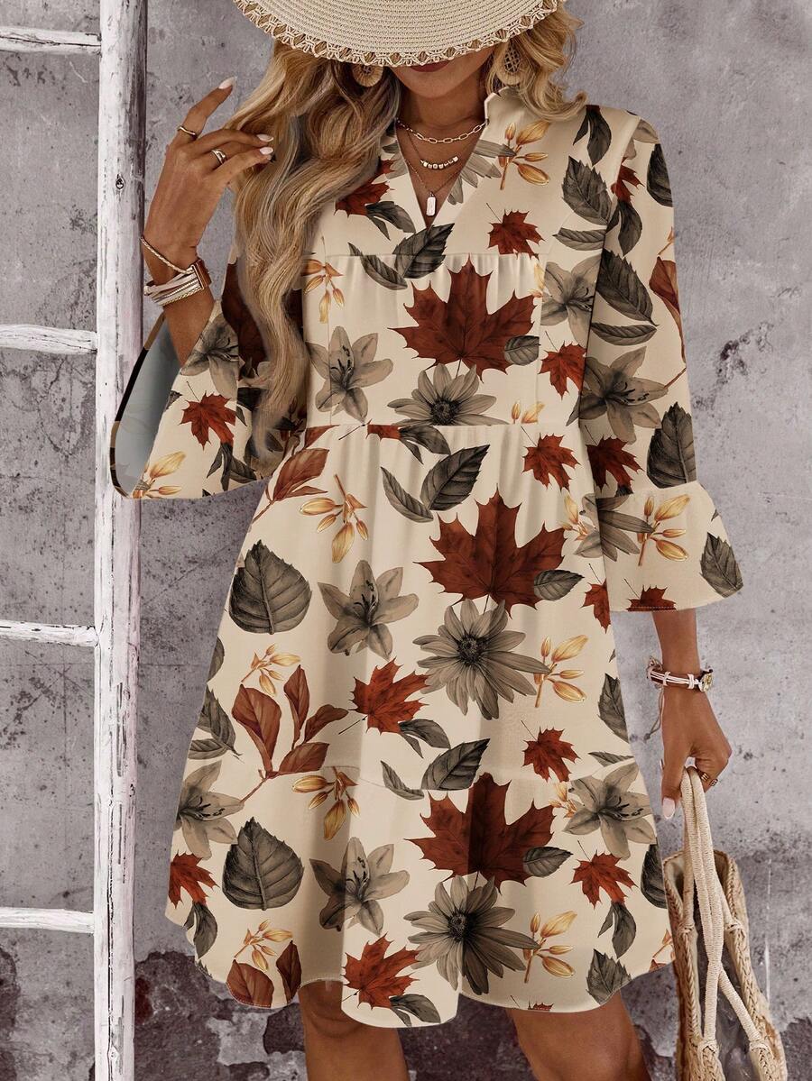 EMERY ROSE 秋季大码休闲树叶印花缺口领喇叭袖连衣裙 - 彩色 - 查看 1