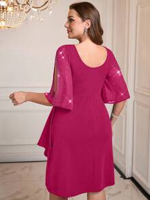Reflora Plus Size Women Elegant Rhinestone Embellished Off-Shoulder Ruched Dress - Hot Pink - View 2