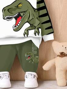 Bubblio Baby Boy Loose Casual Cartoon Animal Cute Style Dinosaur Sports Style Landscape 3D Street Graffiti Loose Comfortable Knit Soft Hoodie Sweatsuit, Suitable For Autumn/Winter - Multicolor - View 5