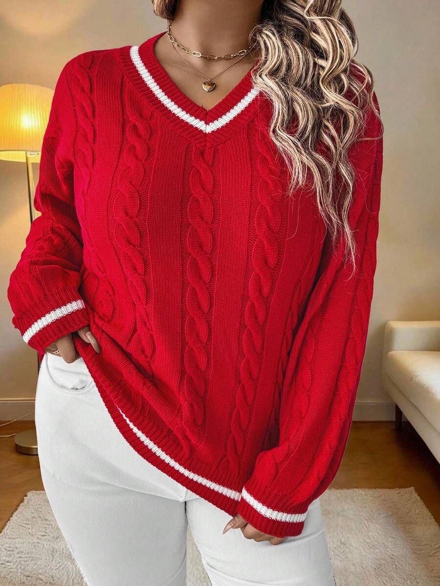 EMERY ROSE Plus Size Women Red & White Striped Knit Sweater, Casual Pullover Sweater Suitable For Christmas, Halloween, Back To School Season, Autumn/Winter