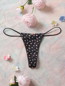 FloralLove Black Floral Jacquard Knit 3D Flower Romantic Countryside Style Black Thong Panties, Women's Floral Thong Underwear