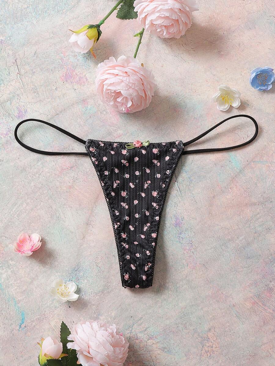 FloralLove Black Floral Jacquard Knit 3D Flower Romantic Countryside Style Black Thong Panties, Women's Floral Thong Underwear