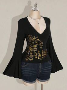 SHEIN ICON 大码女式复古长袖翻领喇叭袖上衣，舒适时尚，适合居家、旅行、秋冬穿着 - 黑色 - 查看 4