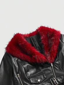 ROMWE Goth 圣诞复古朋克风黑色短款仿皮夹克，配红色仿毛领，大码街头时尚前卫女款皮夹克，秋冬款 - 黑色 - 查看 3