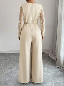 SHEIN PETITE Elenzga 女式花卉刺绣网眼拼接长袖褶皱腰阔腿优雅连体裤