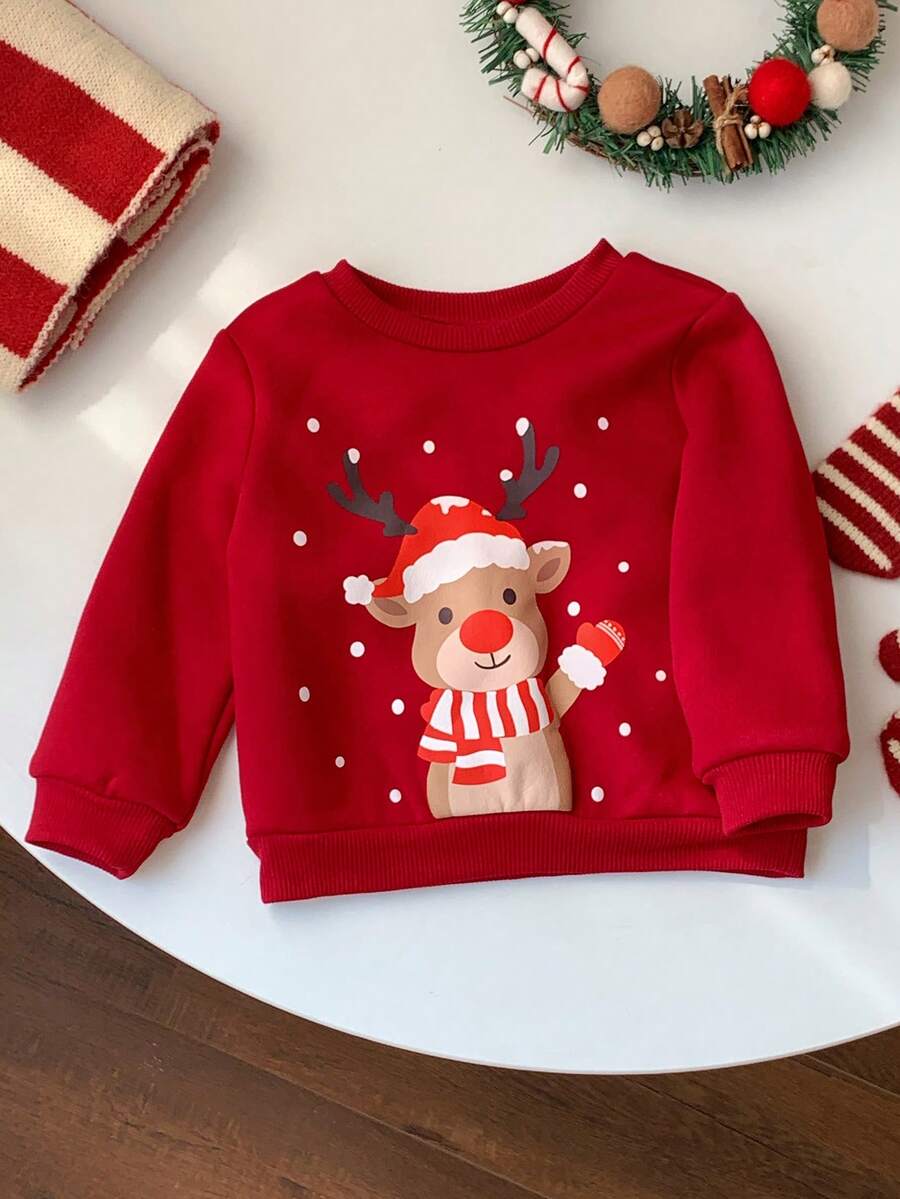 Suéter de Natal fofo de cervo para bebê menina, tricotado, de gola redonda, solto, grosso, adequado para outono/inverno