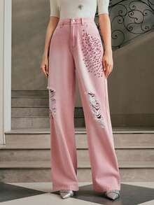 Anewsta Quần ống đứng màu hồng đính kim cương lấp lánh thanh lịch dành cho nữ, phù hợp cho mùa xuân, mùa hè, mùa thu, lễ hội, ngày lễ, kỳ nghỉ, trang phục công sở thường ngày, sang trọng, thanh lịch - Hồng - Xem 4