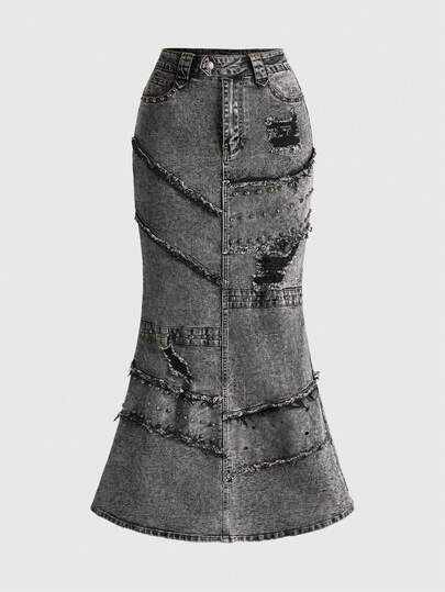 Grunge Punk Y2K Punk Rivet Decor Distressed Vintage Wash Bodycon Denim Mermaid Skirt