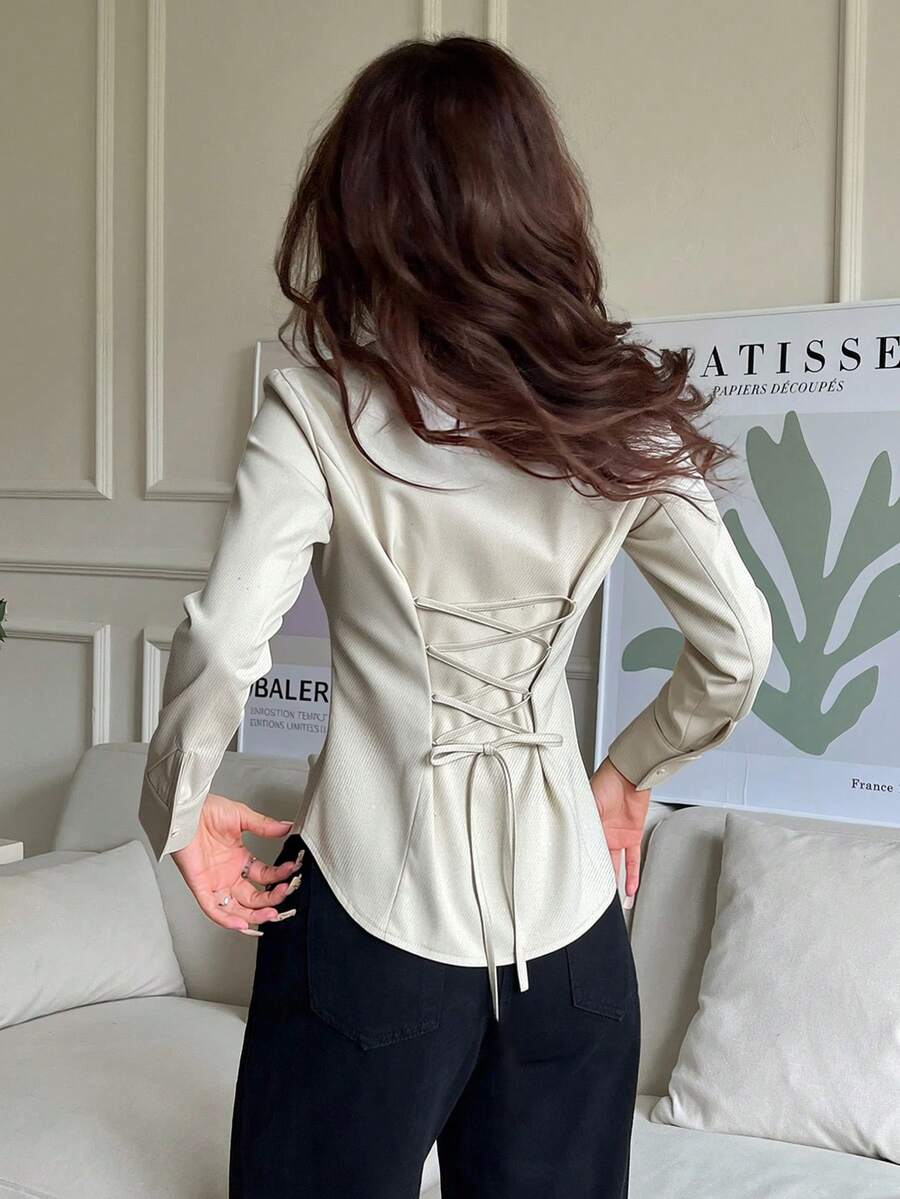 SHEIN EZwear Women's Apricot Front Button Long Sleeve Drawstring Casual Shirt, Elegant Ladies Blouse, Autumn/Winter - Apricot - View 1