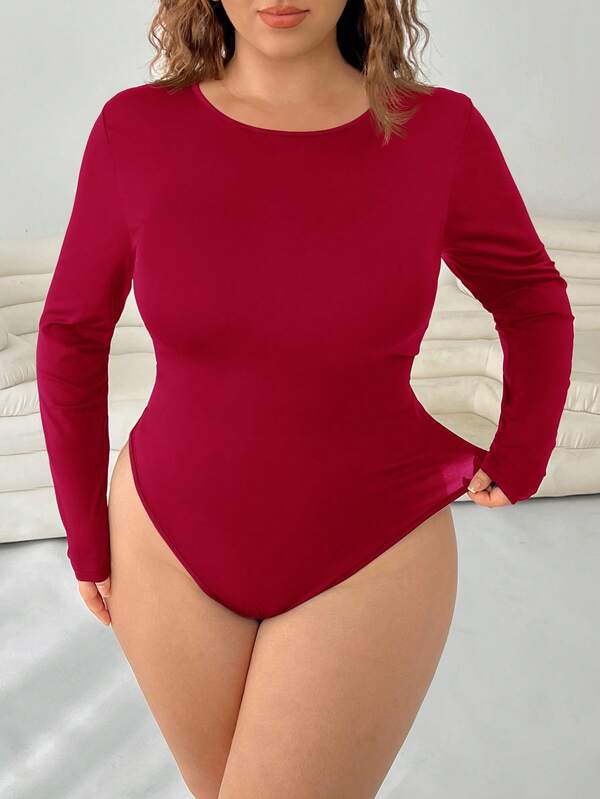 SHEIN EZwear Plus Size Red Crew Neck Bodysuit, Fashionable Long Sleeve