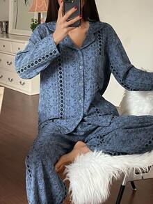 DAZY Bộ đồ ngủ nữ bằng vải chiffon in hoa, kiểu dáng nghỉ dưỡng, trang phục mùa đông. - Màu xanh lam - Xem 4