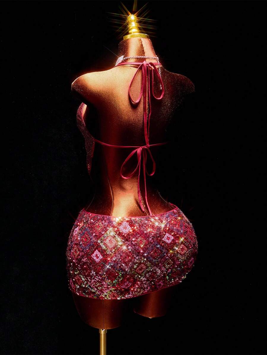 Amplova 女式圣诞派对低腰几何亮片迷你裙 - 彩色 - 查看 1