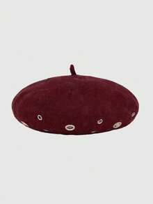 ROMWE Grunge Punk 1pc Punk Style Circular Hollow Rivet Beret Hat, Y2K Round Pendant Newsboy Cap, Daily Personalized Fashion Item - Burgundy - View 2
