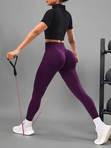 Seamluxe SHEIN Sport 纯色无缝瑜伽紧身裤，高腰健身跑步运动裤，女式运动服宽腰带 - 紫色 - 查看 3