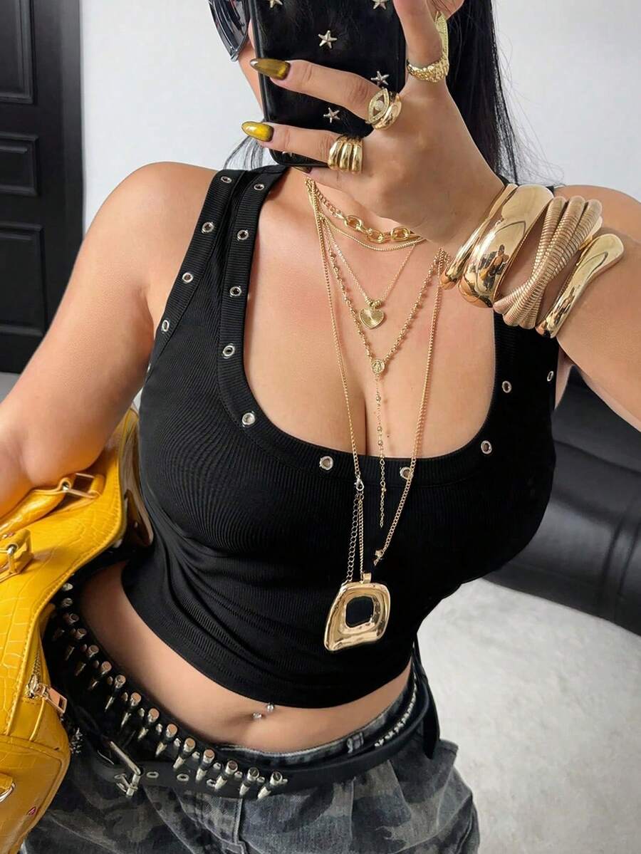 POPSWAY Damski, obcisły gorset w stylu punkowym z metalicznym zdobieniem, falbanka na ramiączkach, top wierzchni, uroczy top damski, top w stylu Y2K, top z wiązaniem