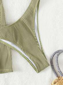 Bonvoyette 3pcs Set: Solid Color Halter Tie Bikini Swimsuit With Matching Skirt - Olive Green - View 7