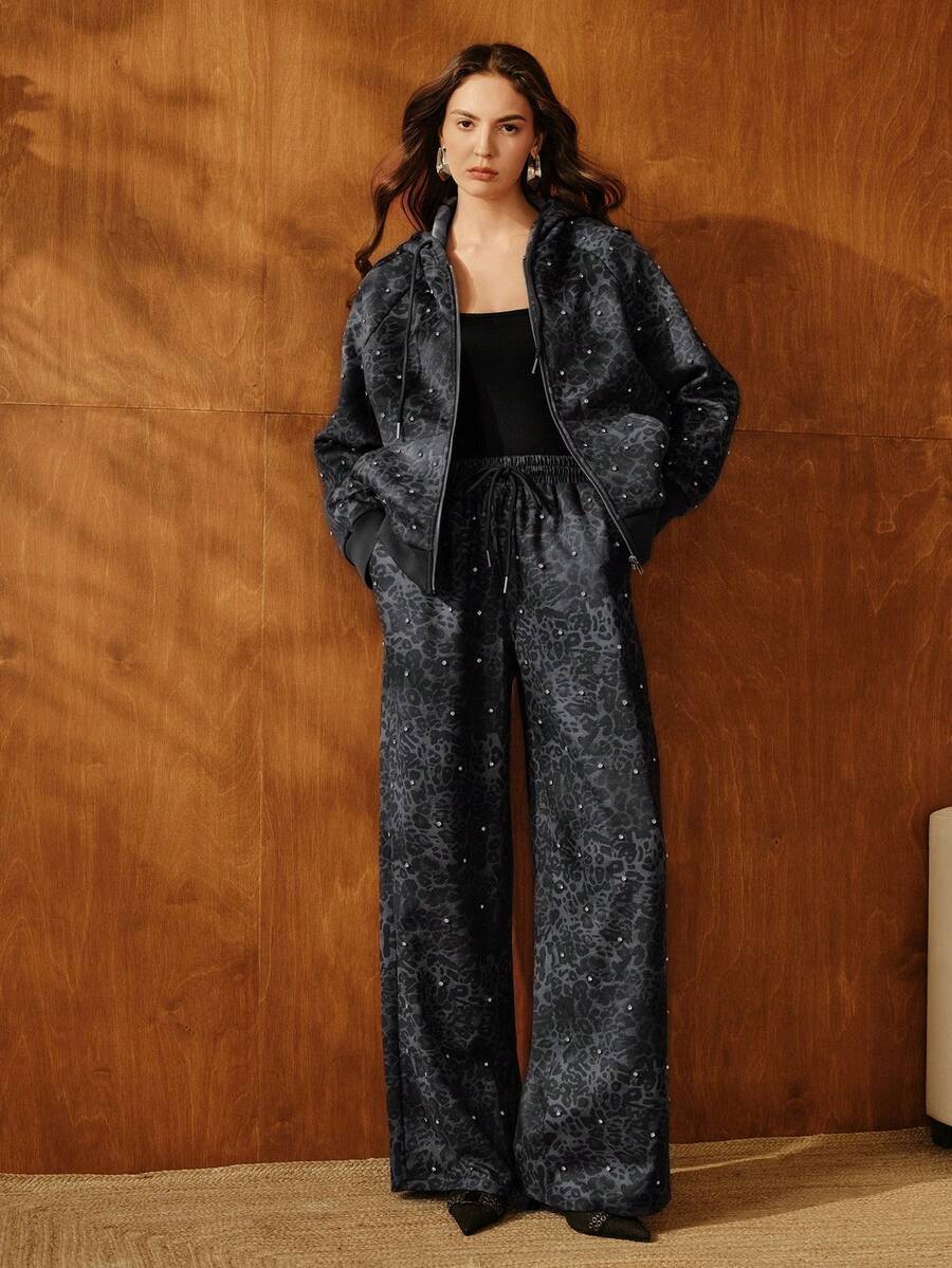 Anewsta Pantalon de survêtement à imprimé léopard et doublure en polaire avec clous pour femmes - Gris foncé - Voir 1