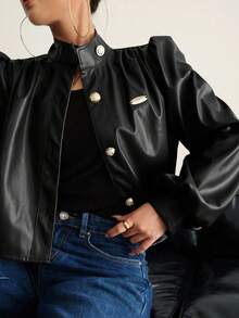 Aidyla 女士PU皮长袖休闲纽扣衫，秋冬季时尚百搭，可搭配常规外套 - 黑色 - 查看 3