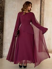Roveilla Plus Size Women's Elegant Middle Eastern Style Vintage French Chic Dress, Featuring Layered Skirt, Adjustable Cinched Waist, Flared Sleeves, And Shoulder Capes, Suitable For Parties, Autumn/Winter Elegant Pleated Dress Flowy Maroon Dress Wine Dress Long Sleeve Elegant Dress Maroon Long Sleeve Elegant Dress Winery Dresses For Women Lantern Sleeve Dress Party Elegant Long Dress - Maroon - View 4