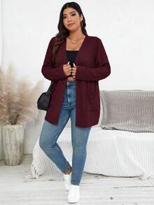 SHEIN Essnce Plus Size Women Casual Solid Color Dual Pocket Front Open Cardigan, Autumn/Winter - Rose Red - View 5