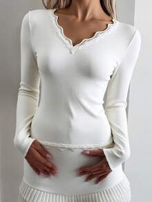 Livesso Women's Lace Frill Trim Fitted Long Sleeve T-Shirt - White - View 4