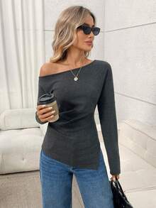 Easowa Asymmetric Shoulder Pleated Waist Long Sleeve T-Shirt, Casual Loose Elegant Commuter Style For Women, Autumn/Winter - Grey - View 4