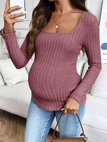 SHEIN 孕妇休闲纯色罗纹方领T恤 - 粉色 - 查看 4