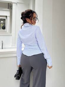 NegzBox Áo sơ mi sọc cài nút phía trước thường ngày dành cho nữ có đai thắt eo - Nhiều màu - Xem 2